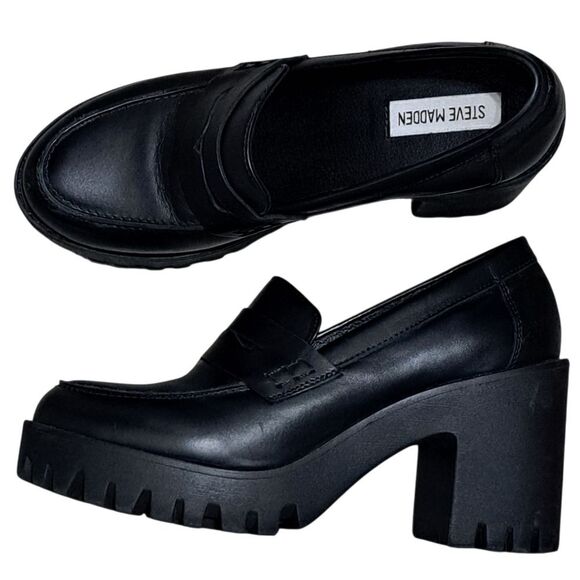 Steve Madden Binary Moto Boho Chic Goth Platform Loafer Chunky Heel Sz 9.5 Black - Picture 1 of 15